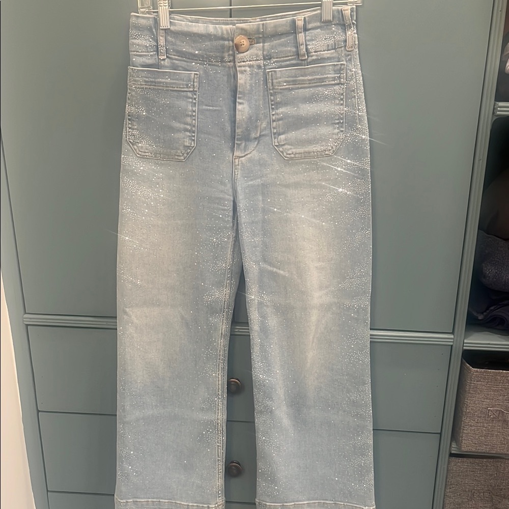 The Collette Cropped High Waist Wide Legged Jeans by Maeve - rhinestone sparkle